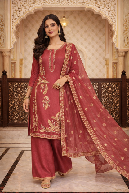 Embroidered Kurta Set with Palazzo & Dupatta