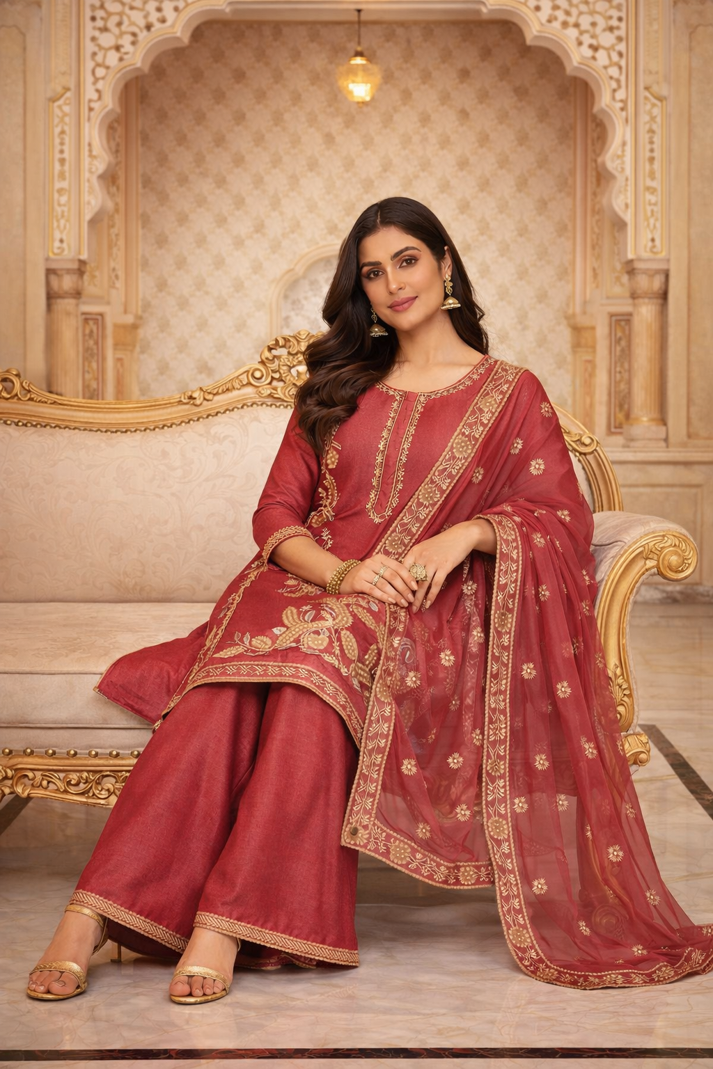 Embroidered Kurta Set with Palazzo & Dupatta