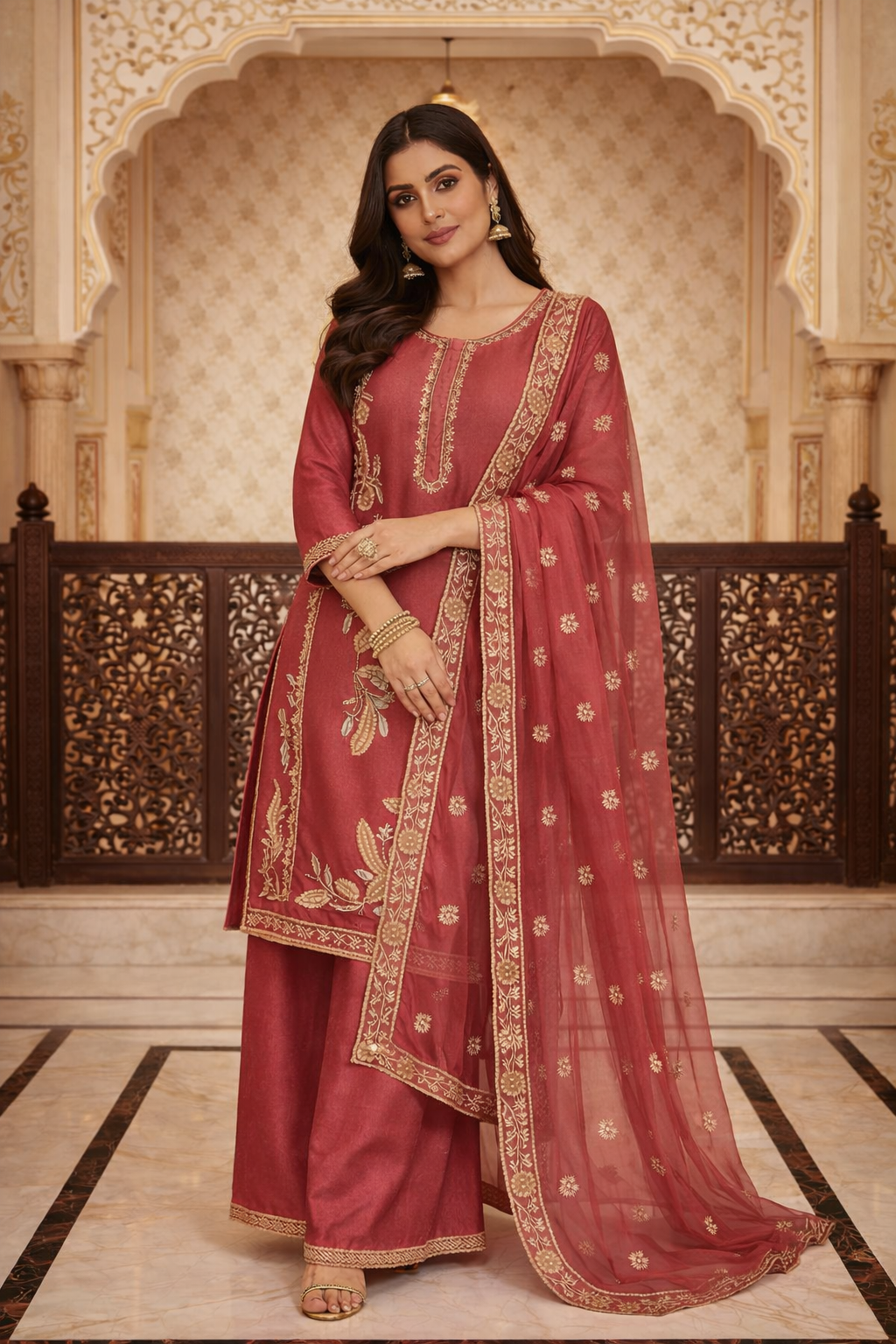 Embroidered Kurta Set with Palazzo & Dupatta