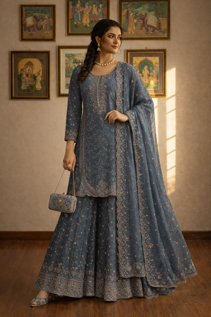 Heavy Embroidered Pakistani Suit with Palazzo & Dupatta