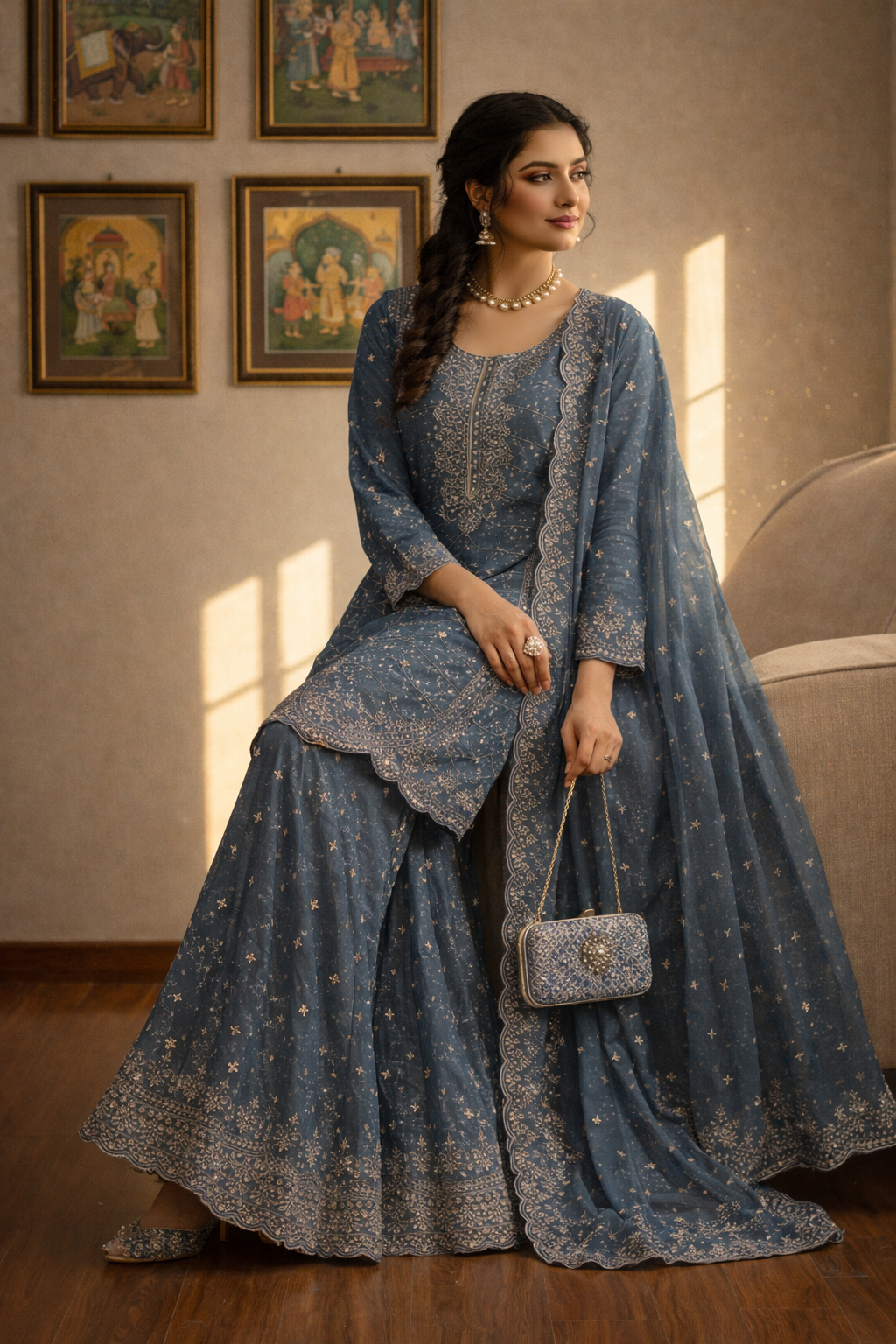 Heavy Embroidered Pakistani Suit with Palazzo & Dupatta
