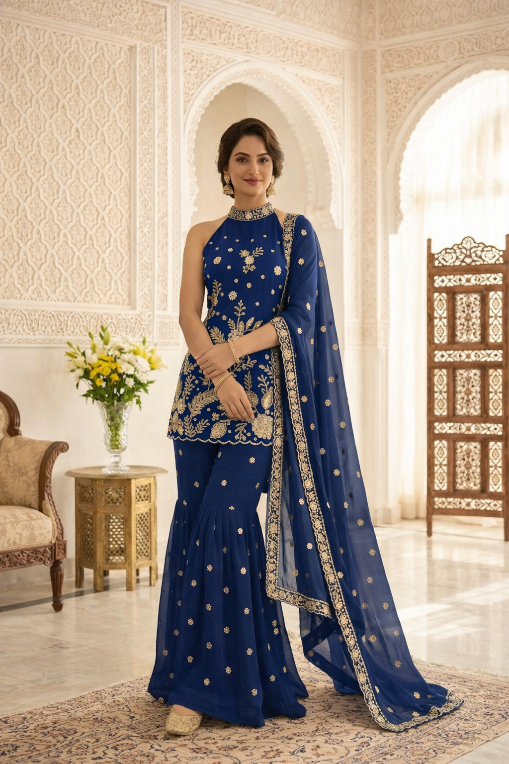 Premium High Neck Embroidered Straight Suit Set with Sharara & Dupatta