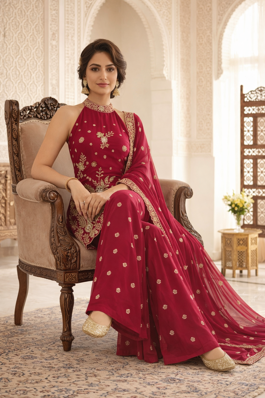 Premium High Neck Embroidered Straight Suit Set with Sharara & Dupatta