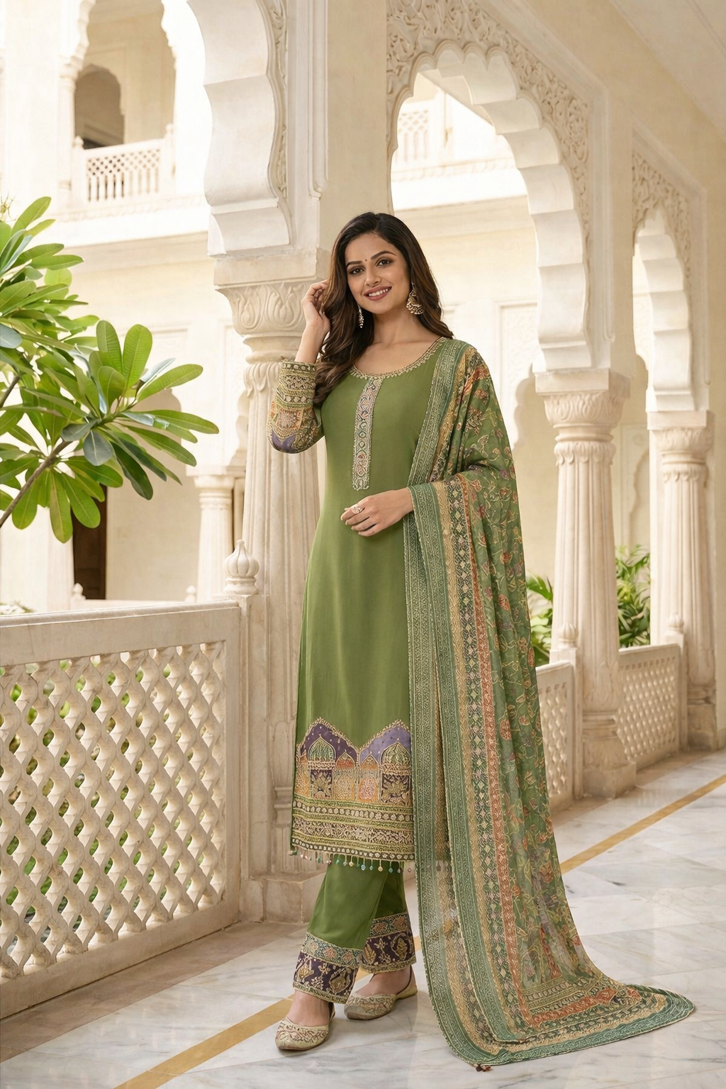 Elegant Printed & Embroidered Straight Suit Set with Pants & Dupatta