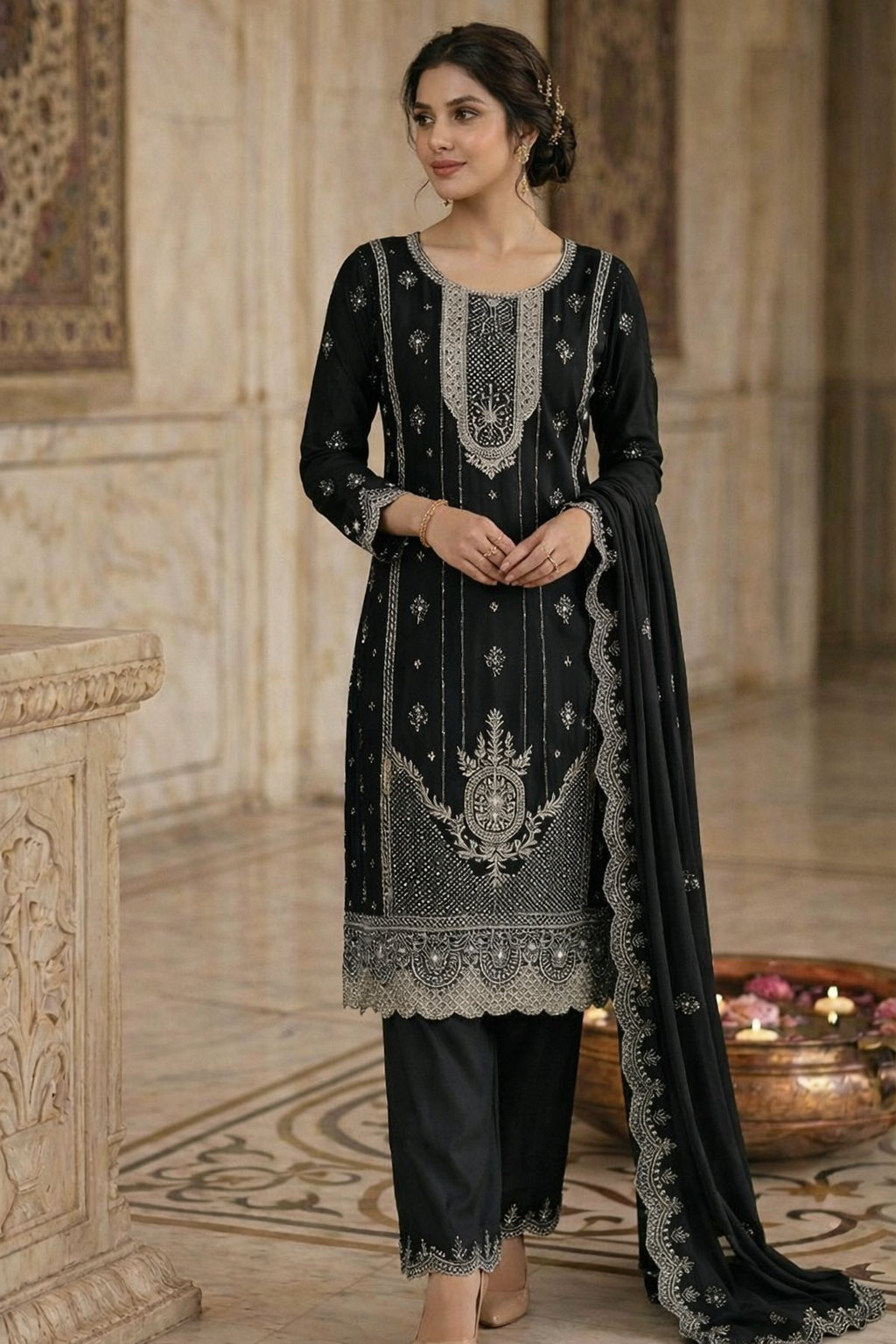 Beats Embroidered Straight Suit with Dupatta and Plazo work