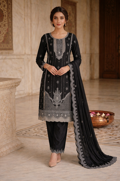 Beats Embroidered Straight Suit with Dupatta and Plazo work