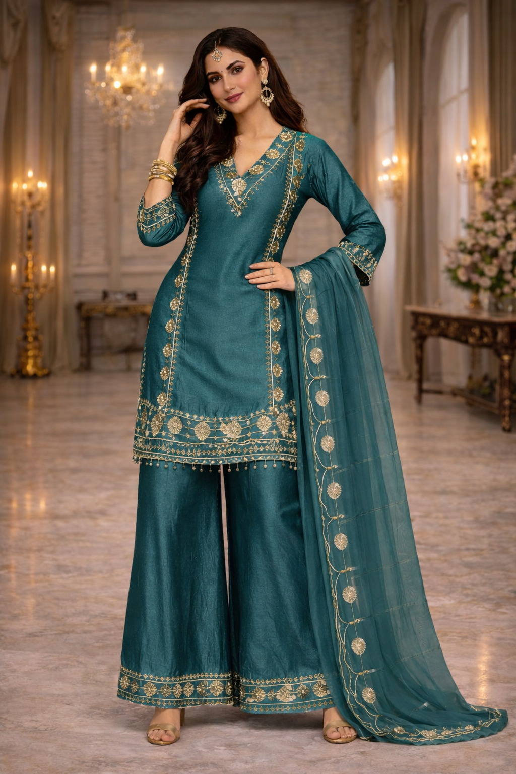 Embroidered Palazzo Suit with Dupatta
