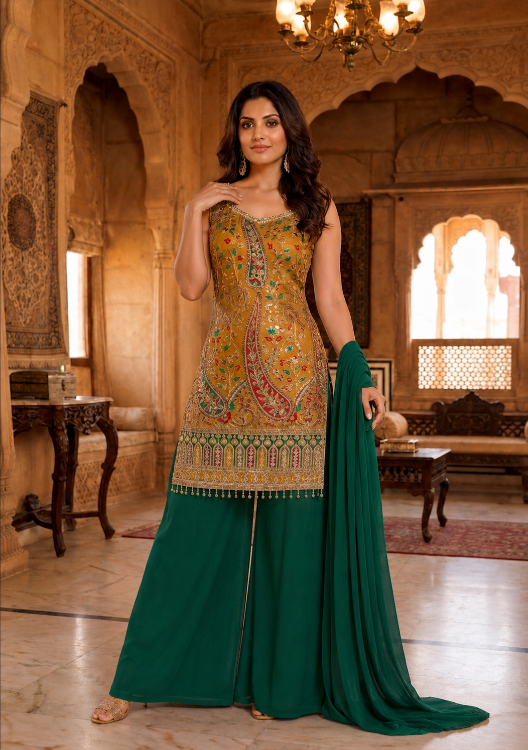 Printed Suit with Embroidered Paired with Palazzo and Dupatta