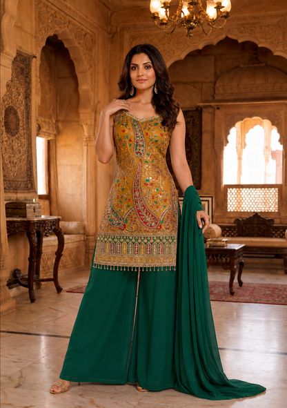 Printed Suit with Embroidered Paired with Palazzo and Dupatta