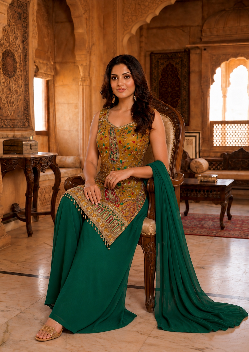 Printed Suit with Embroidered Paired with Palazzo and Dupatta