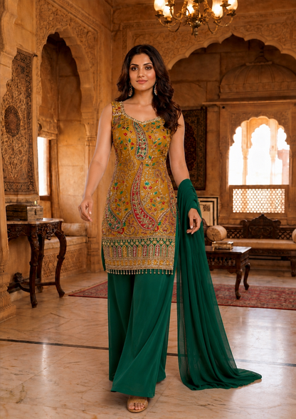 Printed Suit with Embroidered Paired with Palazzo and Dupatta
