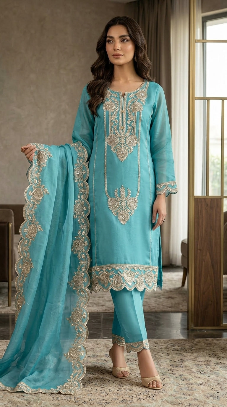 Beats Embroidered Straight Suit with Pant and Dupatta