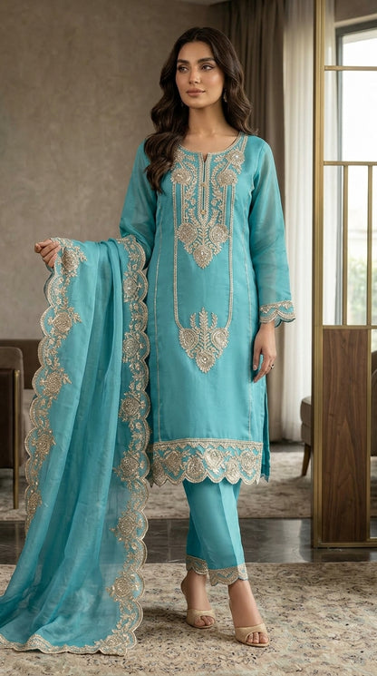 Beats Embroidered Straight Suit with Pant and Dupatta