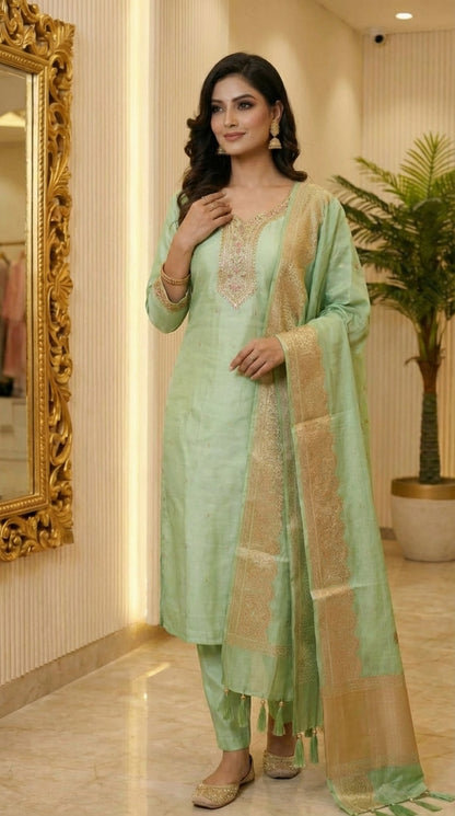 Beautiful Straight Suit with Neck Work, Brocade Dupatta & Pant