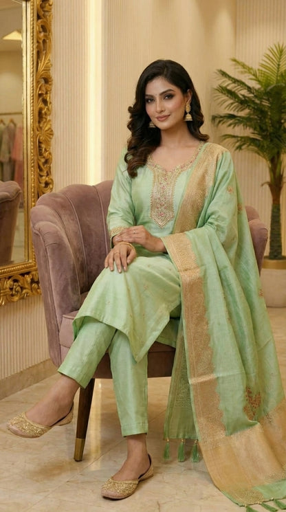Beautiful Straight Suit with Neck Work, Brocade Dupatta & Pant