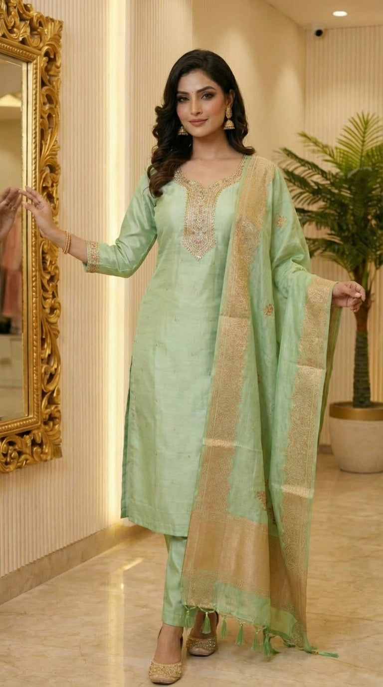 Beautiful Straight Suit with Neck Work, Brocade Dupatta & Pant