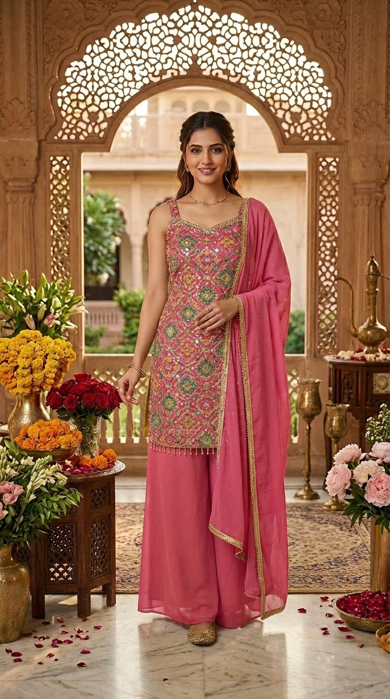 Printed Suit with Embroidery Paired with Palazzo and Dupatta