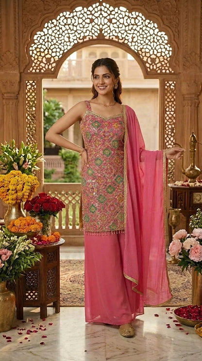 Printed Suit with Embroidery Paired with Palazzo and Dupatta