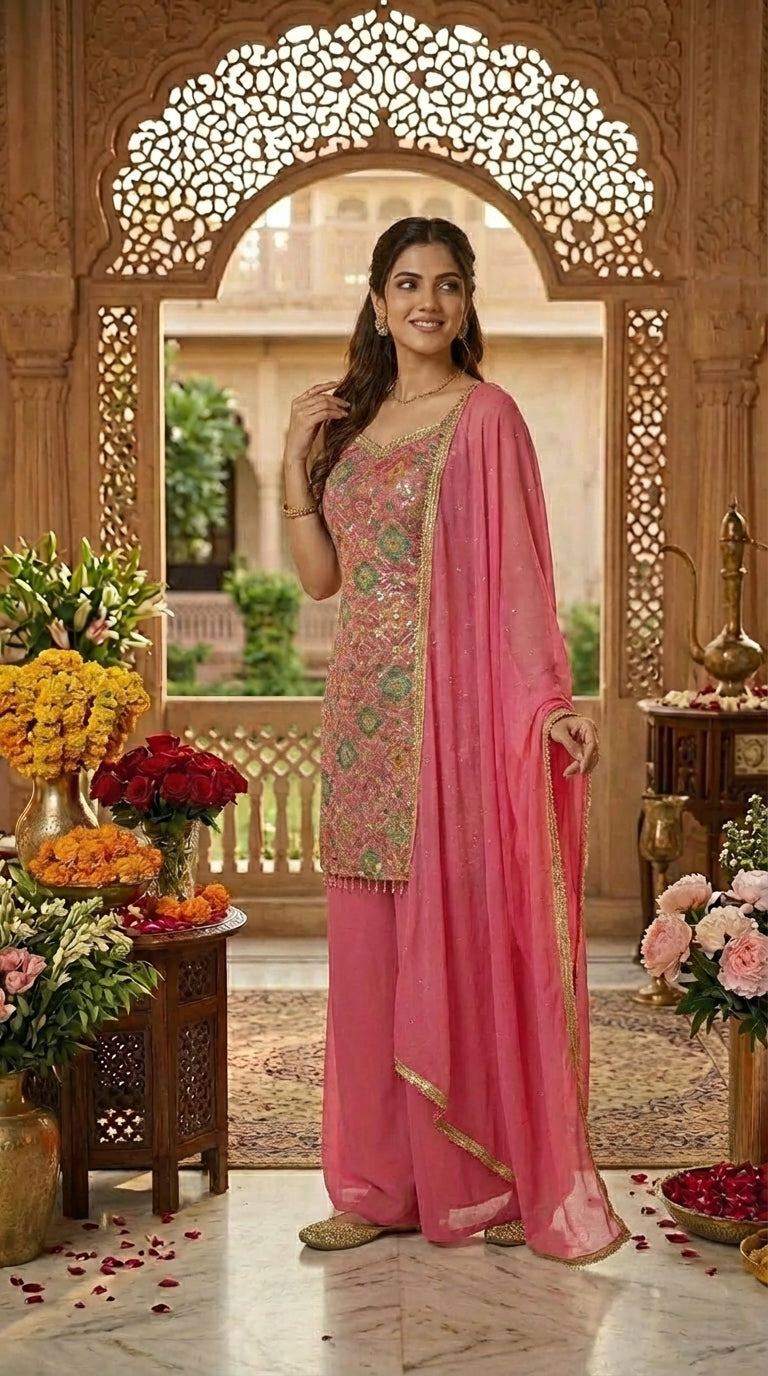Printed Suit with Embroidery Paired with Palazzo and Dupatta