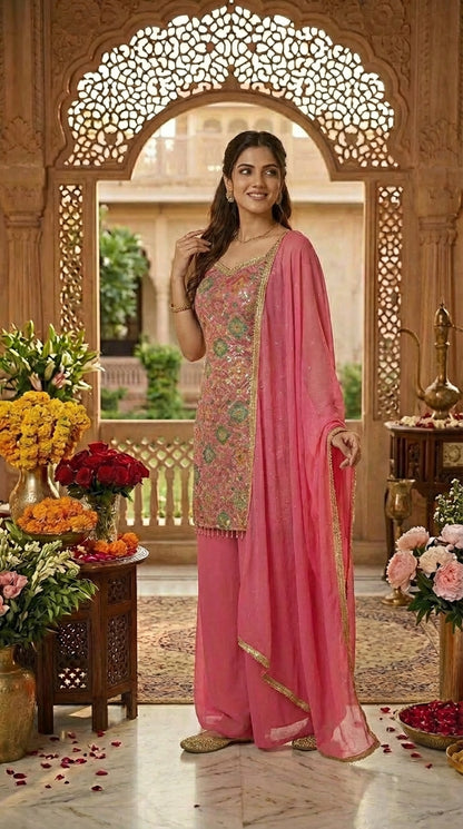 Printed Suit with Embroidery Paired with Palazzo and Dupatta