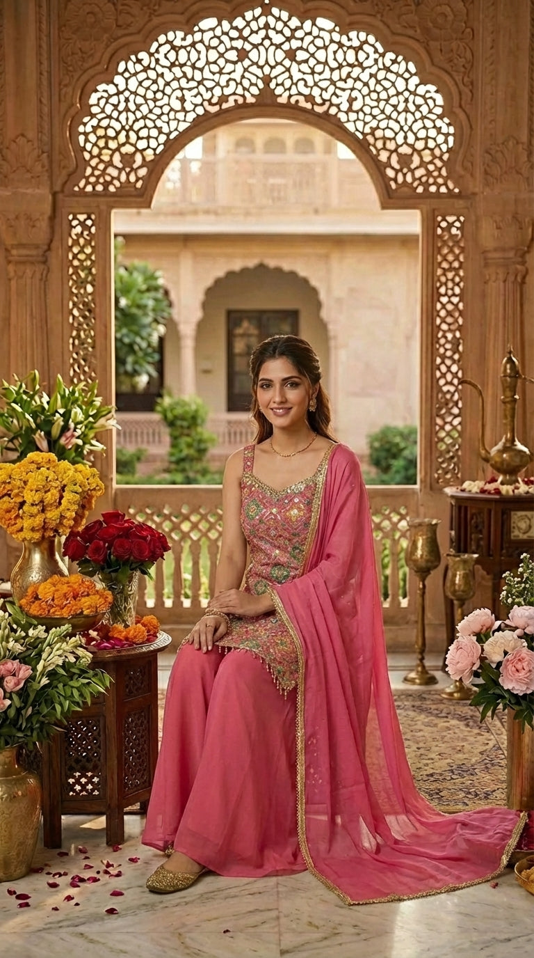 Printed Suit with Embroidery Paired with Palazzo and Dupatta