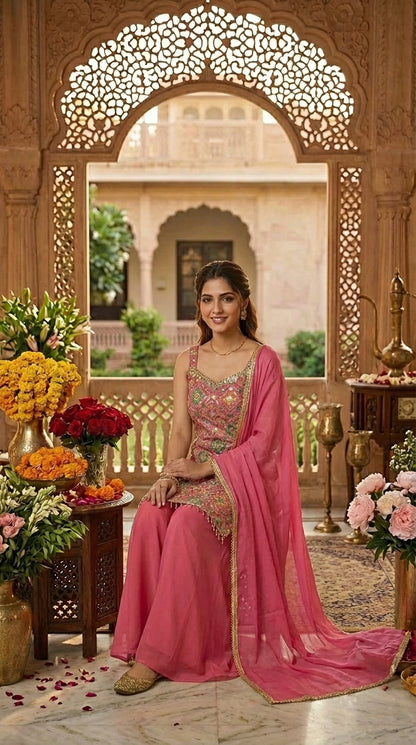 Printed Suit with Embroidery Paired with Palazzo and Dupatta