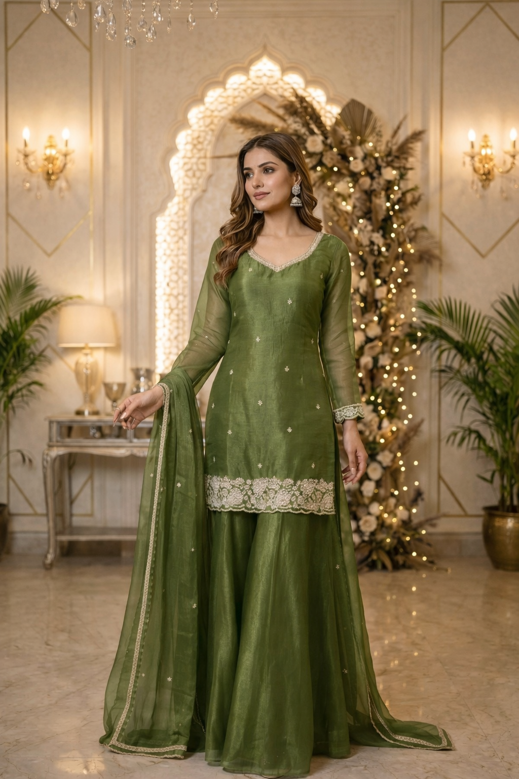 Beads Work Straight Suit with Palazzo & Dupatta