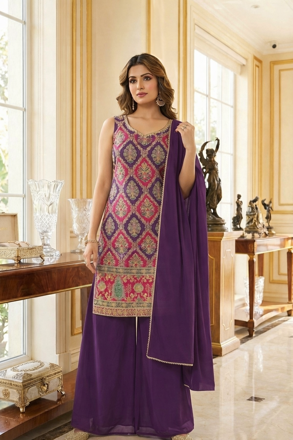 Embroidered Straight Suit with Palazzo & Dupatta