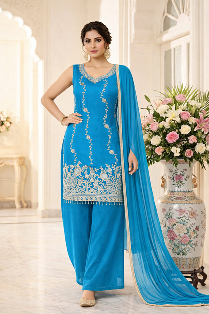 Beads Work Straight Suit with Palazzo & Dupatta