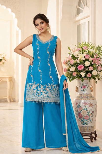 Beads Work Straight Suit with Palazzo & Dupatta