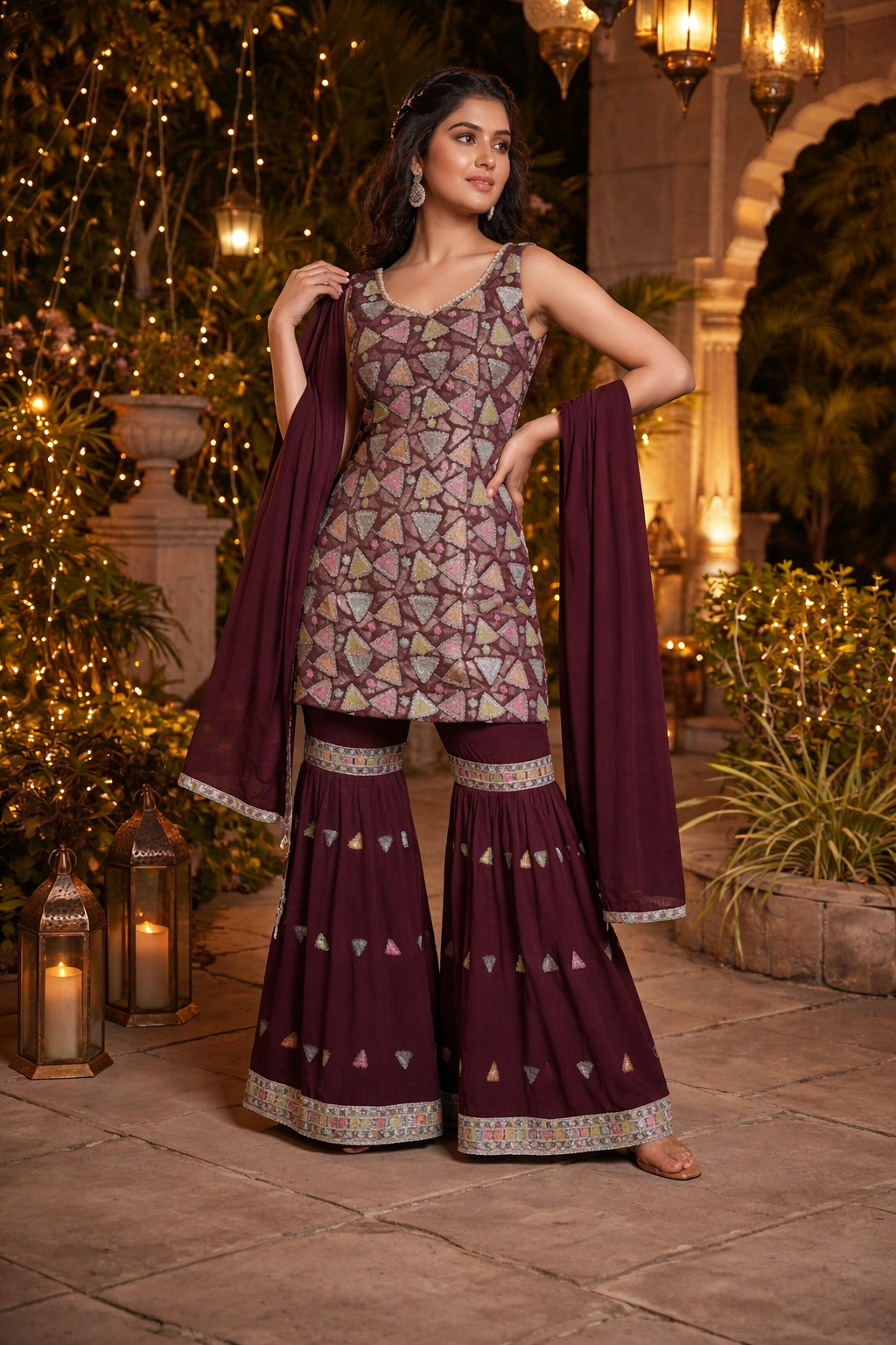 Multi Embroidered Straight Suit with Sharara & Dupatta