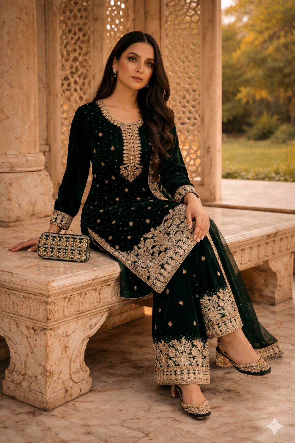 Embroidered Pakistani Suit with Hand Touch - Palazzo & Dupatta Set