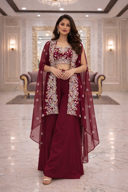 Embroidered Indo Shrug with Crop Top & Palazzo Set