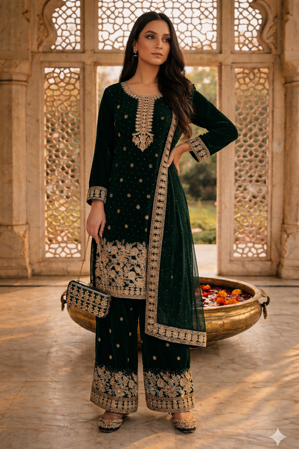 Embroidered Pakistani Suit with Hand Touch - Palazzo & Dupatta Set