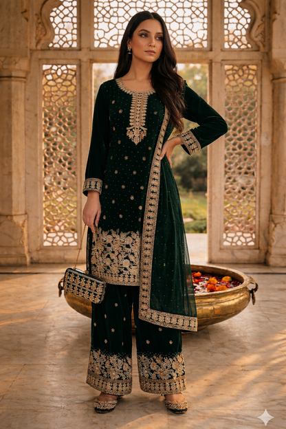 Embroidered Pakistani Suit with Hand Touch - Palazzo & Dupatta Set