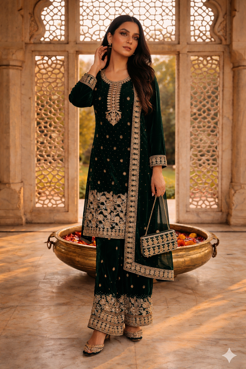 Embroidered Pakistani Suit with Hand Touch - Palazzo & Dupatta Set