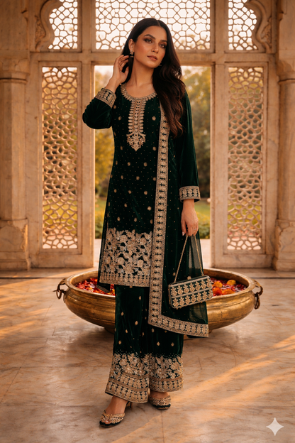 Embroidered Pakistani Suit with Hand Touch - Palazzo & Dupatta Set