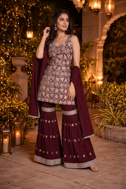 Multi Embroidered Straight Suit with Sharara & Dupatta