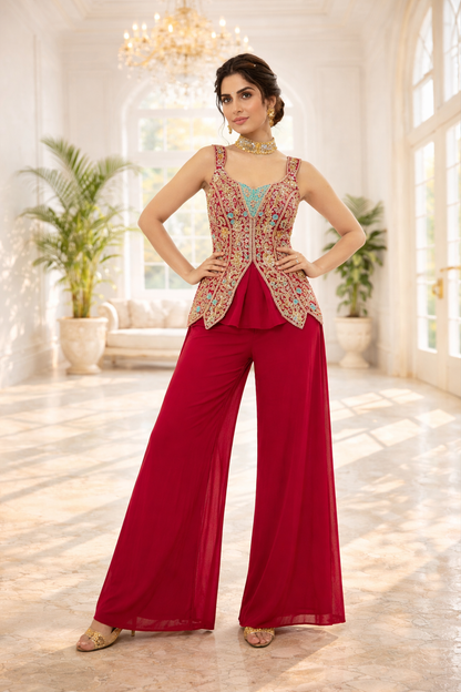 Short Indo Embroidered Top with Palazzo Set