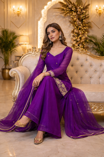 Beads Work Straight Suit with Palazzo & Dupatta