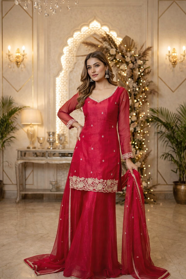 Beads Work Straight Suit with Palazzo & Dupatta