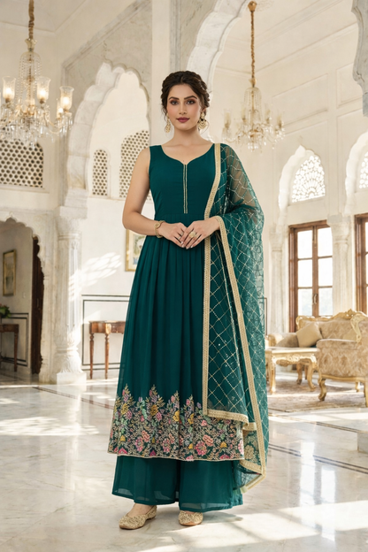 Heavy Embroidered Gher Anarkali with Palazzo & Dupatta