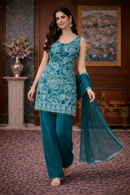 White Embroidery Work Straight Top with Palazzo Set