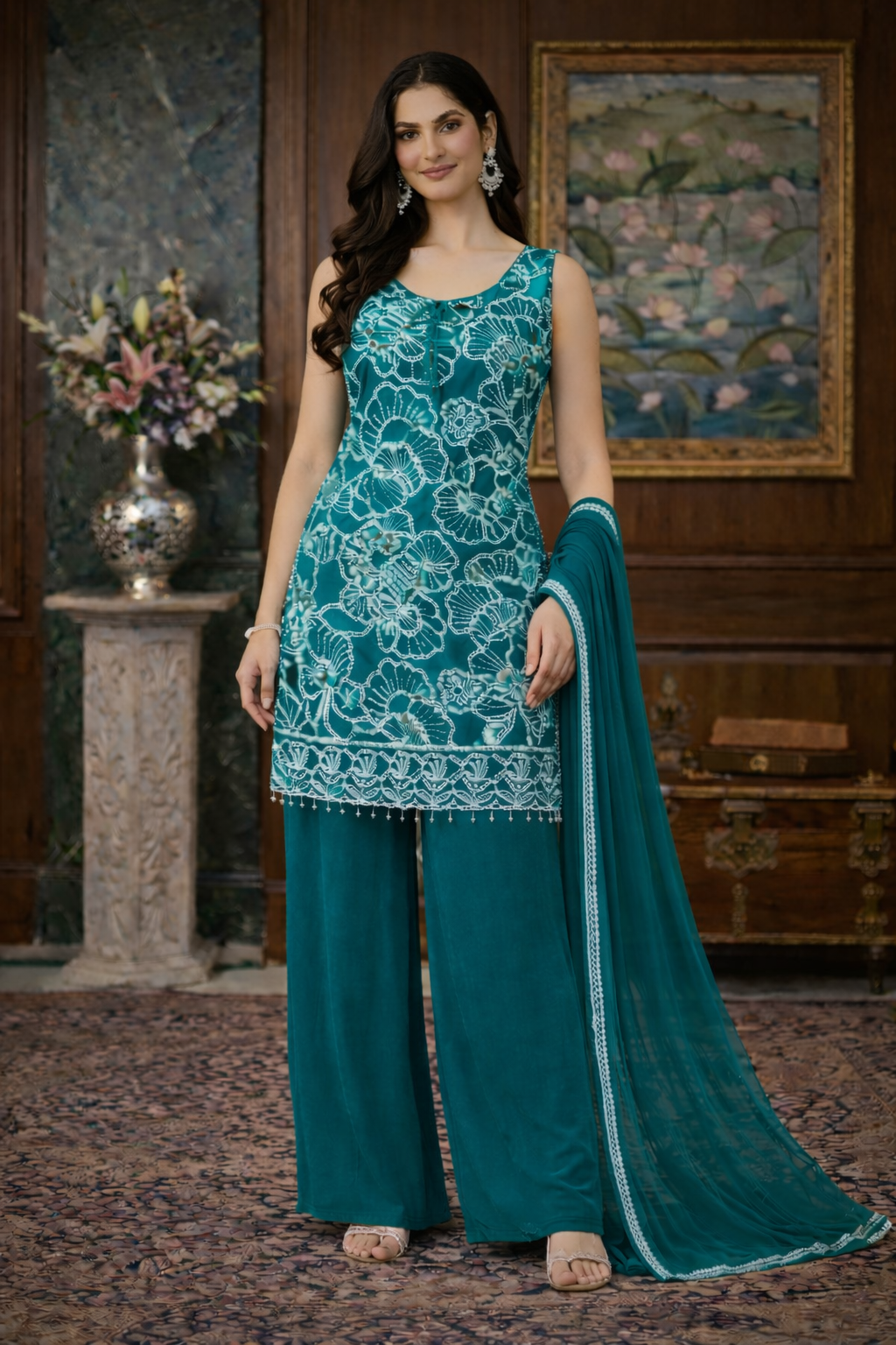 White Embroidery Work Straight Top with Palazzo Set
