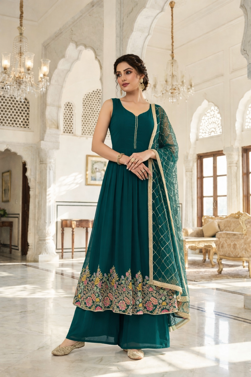 Heavy Embroidered Gher Anarkali with Palazzo & Dupatta