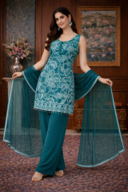 White Embroidery Work Straight Top with Palazzo Set