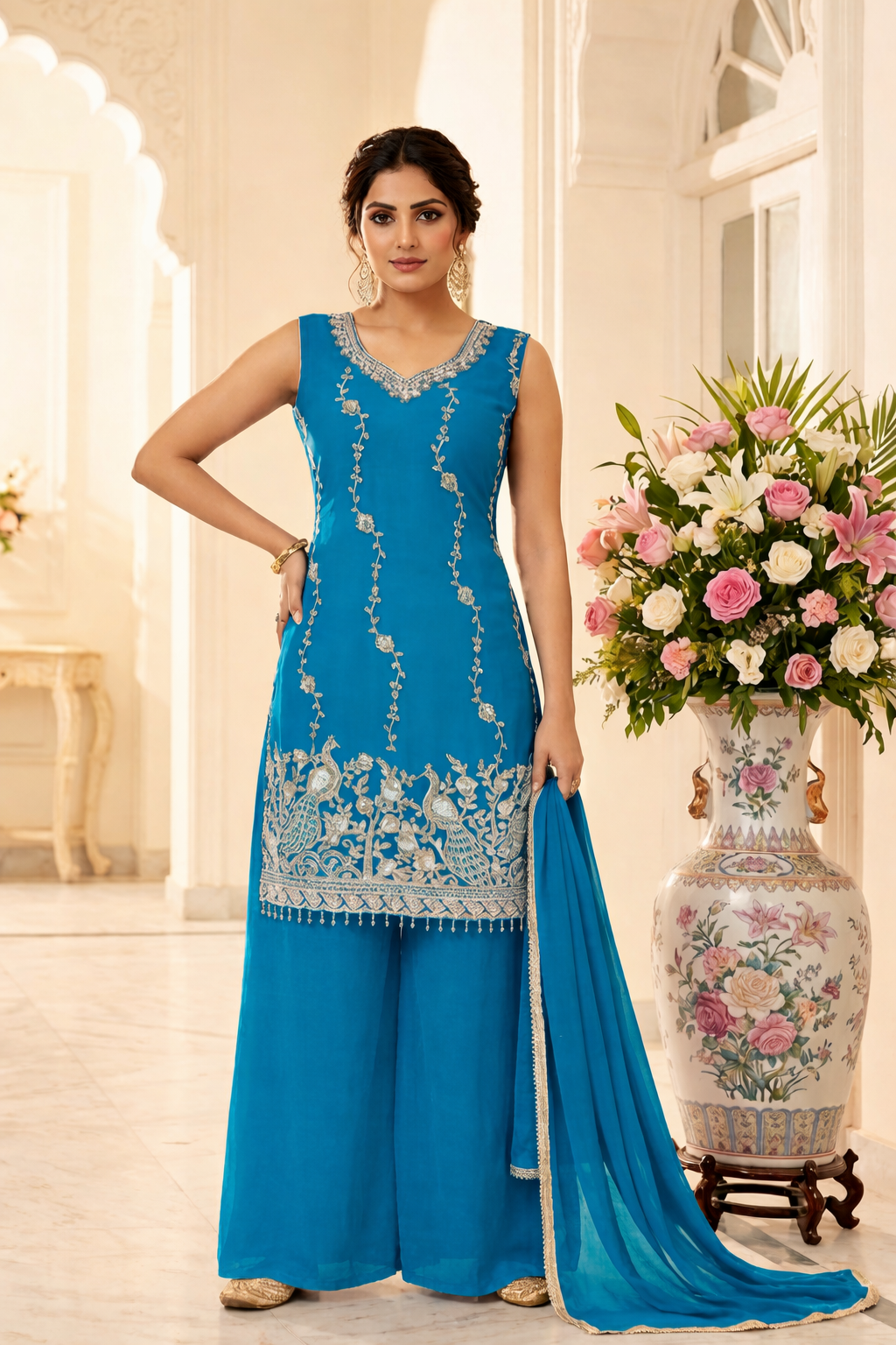 Beads Work Straight Suit with Palazzo & Dupatta