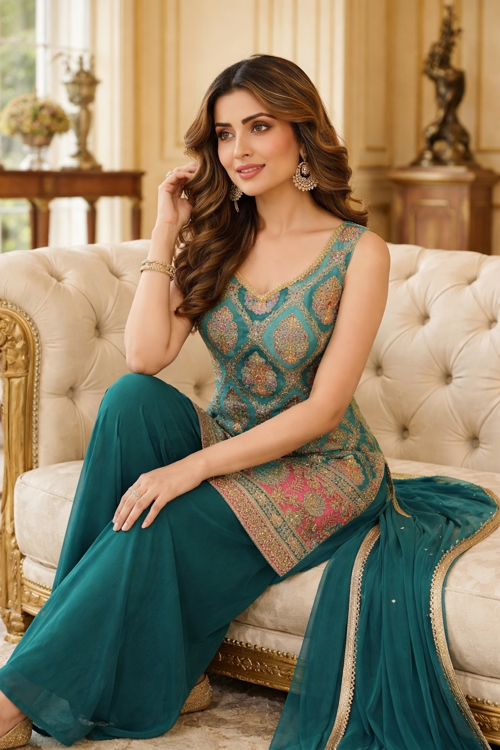 Embroidered Straight Suit with Palazzo & Dupatta