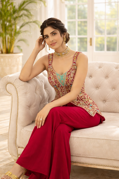 Short Indo Embroidered Top with Palazzo Set