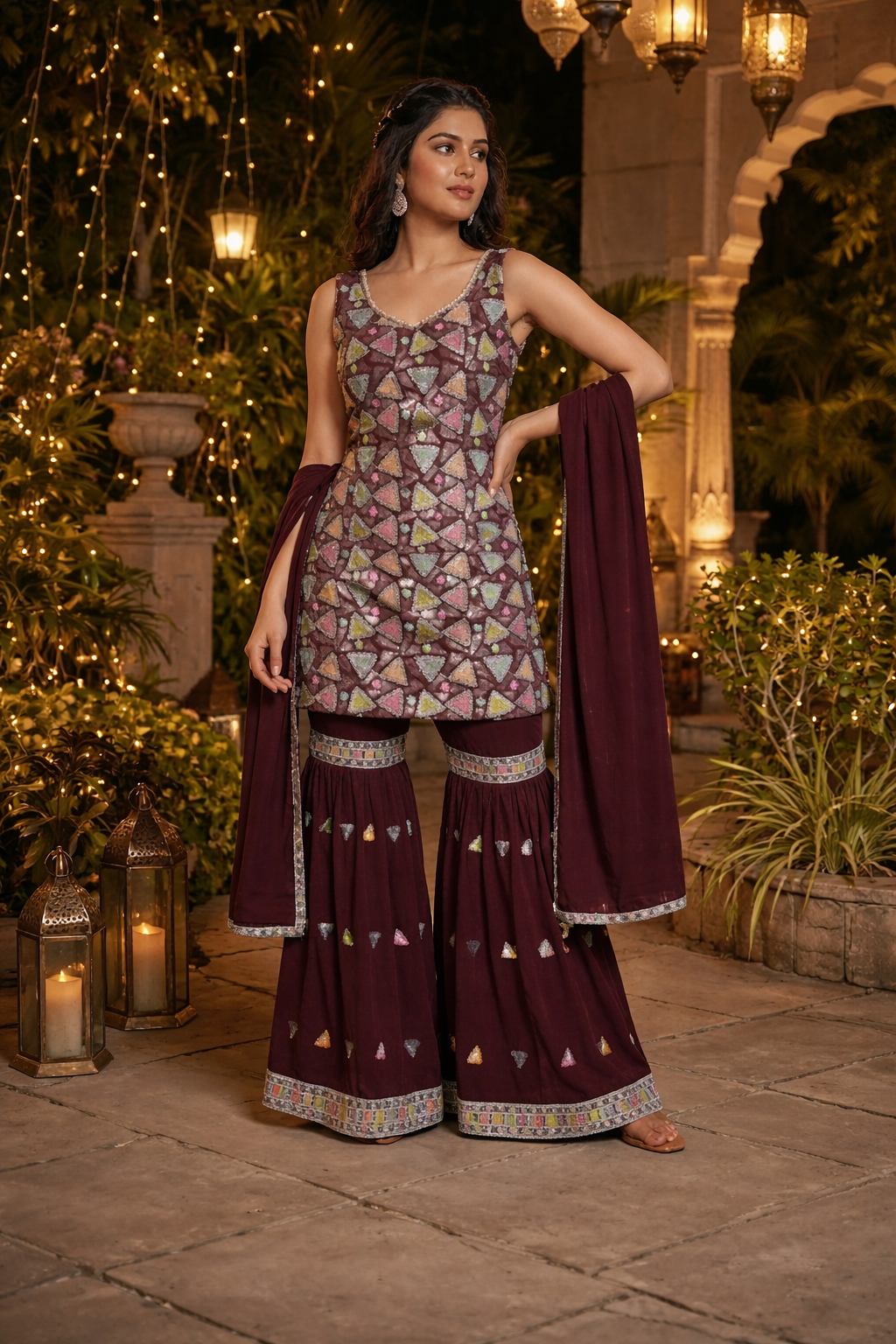 Multi Embroidered Straight Suit with Sharara & Dupatta
